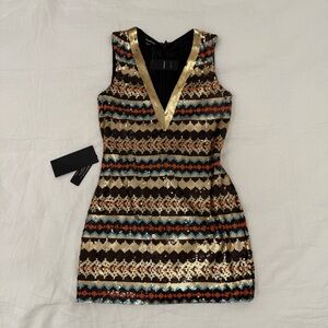 Bebe Gold and Black Sequin Sheath Mini Dress